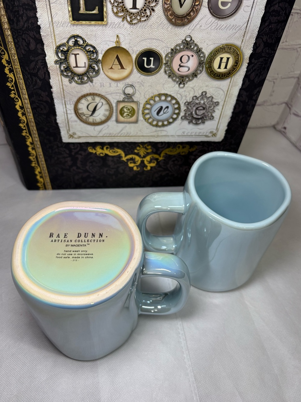 Rae Dunn “You Rock” and “Text Me” Iridescent Light Blue Ceramic Mug Set NIB - Picture 6 of 10